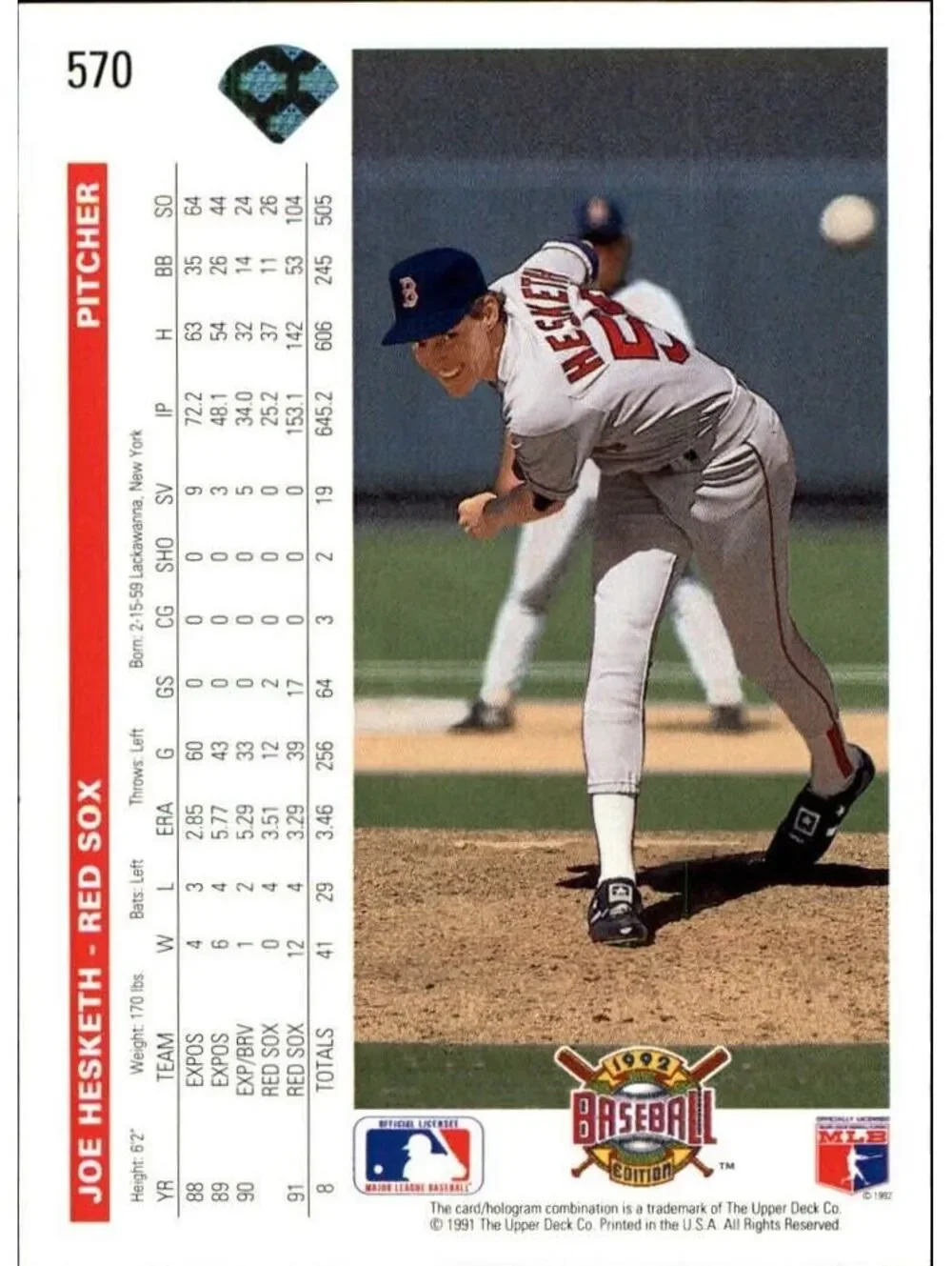 Joe Hesketh 1992 Upper Deck MLB #570 Baseball Card Boston Red Sox